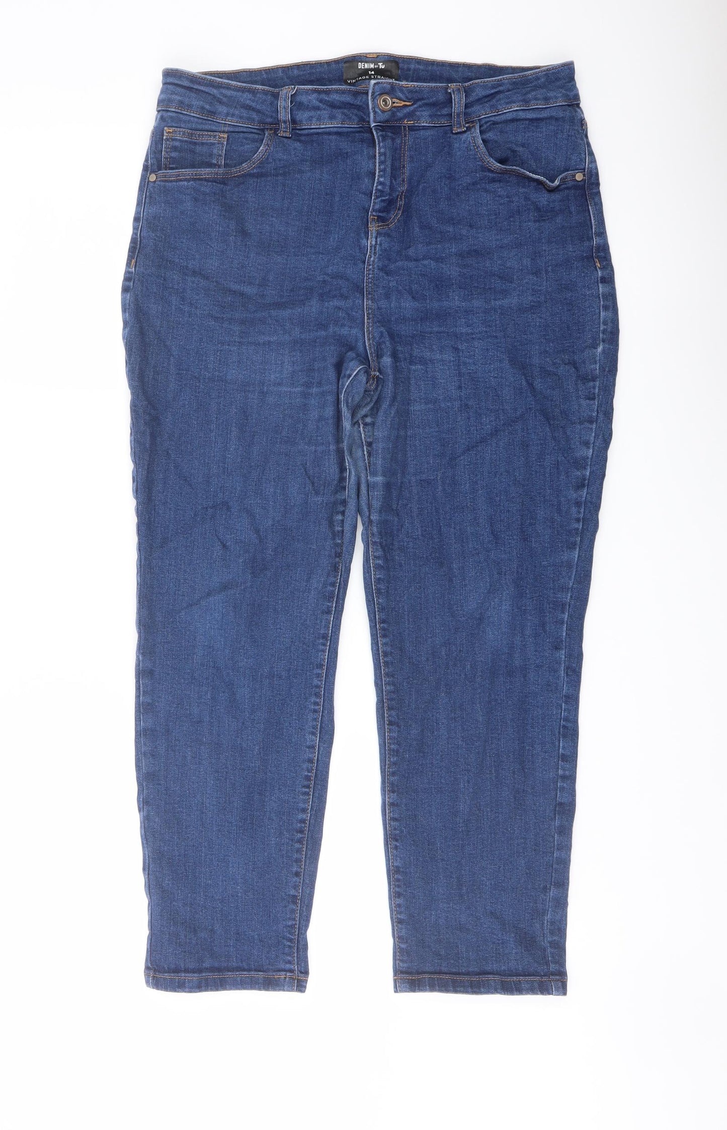 TU Womens Blue Cotton Straight Jeans Size 14 L25 in Regular Button