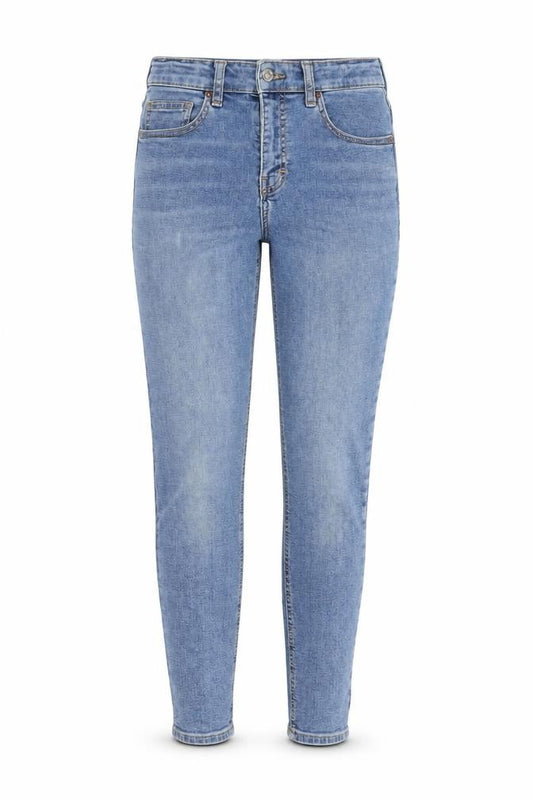 Front view of Topshop women’s blue cotton skinny jeans, size UK 24, in, 25-inch leg regular button
