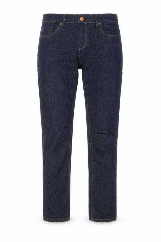Front view of Topshop women’s blue cotton straight jeans, size UK 30, in, 30-inch leg regular button
