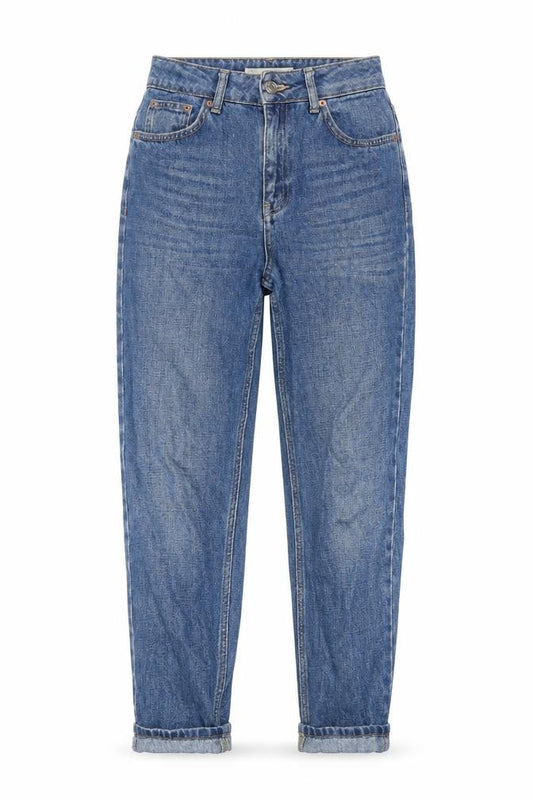 Front view of Topshop women’s blue cotton mom jeans, size UK 26, in, 30-inch leg regular button