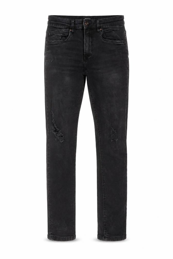 Front view of RESERVED men’s black cotton straight jeans, size 30, in, 30-inch leg regular button