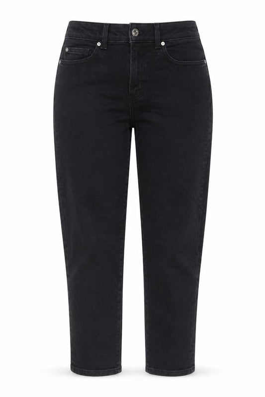 Front view of Denim & Co. women’s black cotton mom jeans, size UK 12, 27-inch leg regular button
