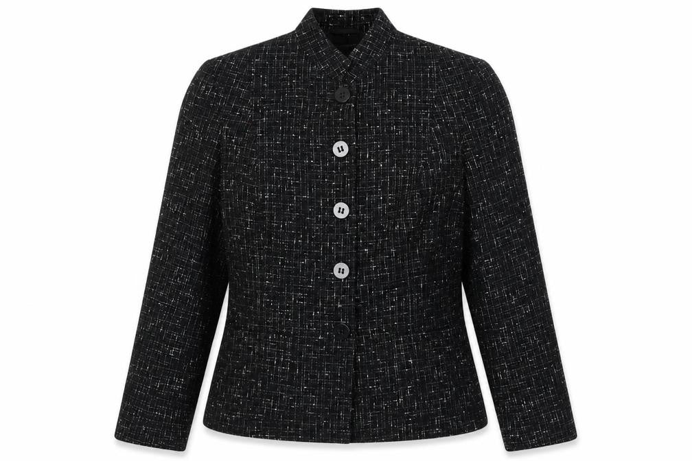 Front view of Marks & Spencer women’s black check polyester jacket blazer, size UK 12
