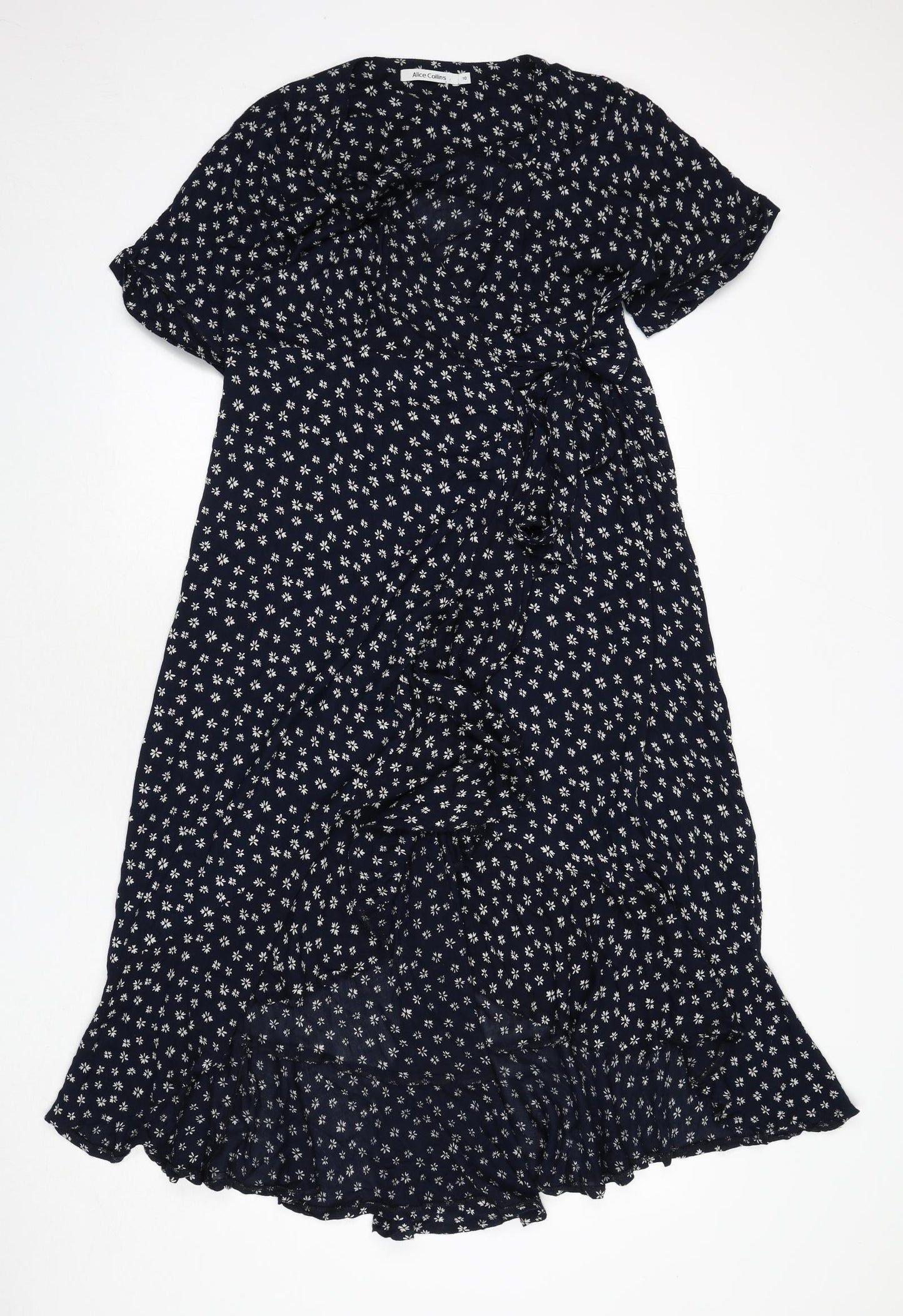 Alice Collins Womens Blue Floral Viscose Wrap Dress Size 10 V-Neck Tie