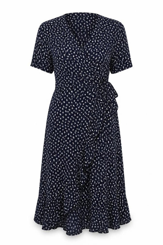 Front view of Alice Collins women’s blue floral viscose wrap dress, size UK 10, v-neck tie