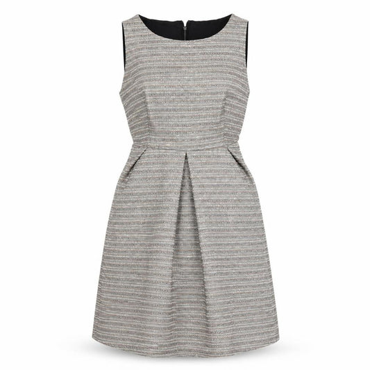 Front view of Monsoon women’s multicoloured striped acrylic a-line, size UK 12, boat neck zip