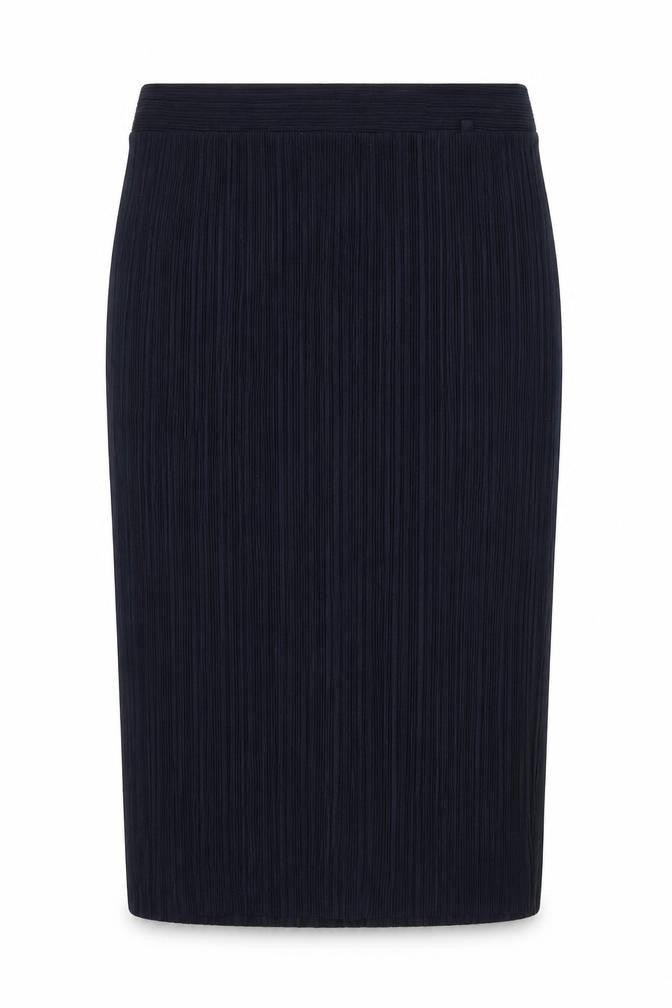 Front view of Per Una women’s blue polyester bandage skirt, size UK 12
