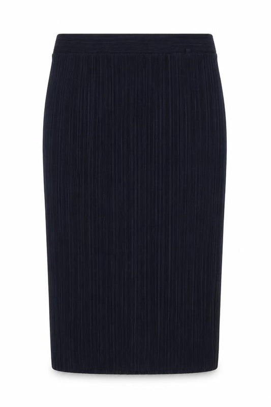 Front view of Per Una women’s blue polyester bandage skirt, size UK 12