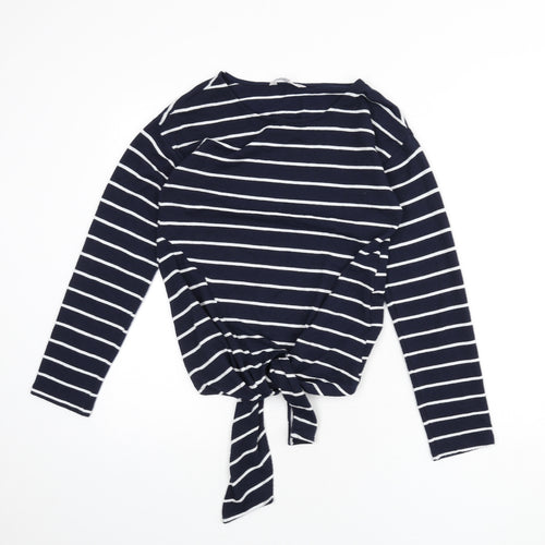 Red Herring Womens Blue Striped Polyester Basic T-Shirt Size 8 Round Neck - Tie Front