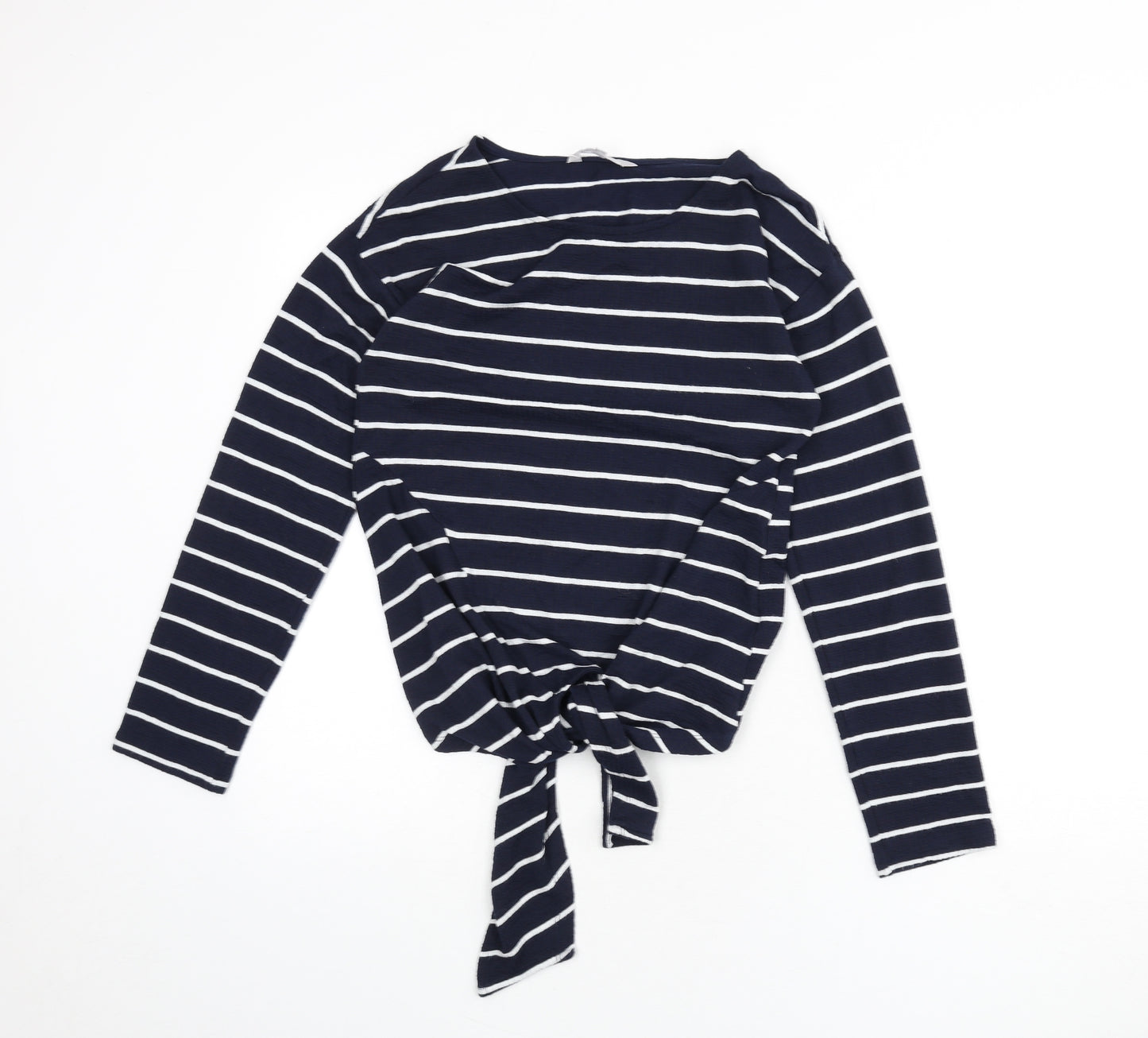 Red Herring Womens Blue Striped Polyester Basic T-Shirt Size 8 Round Neck - Tie Front