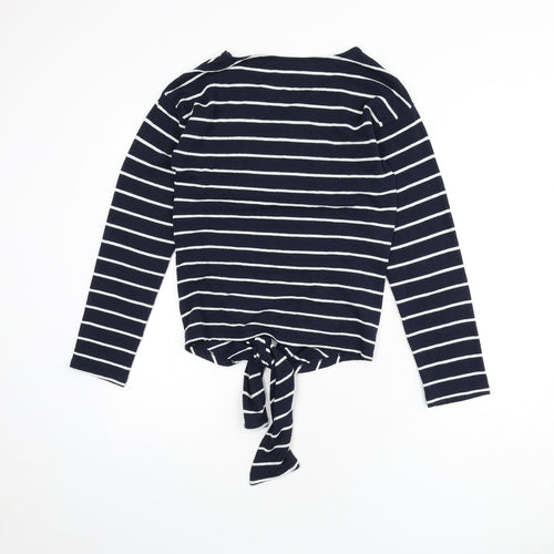 Red Herring Womens Blue Striped Polyester Basic T-Shirt Size 8 Round Neck - Tie Front