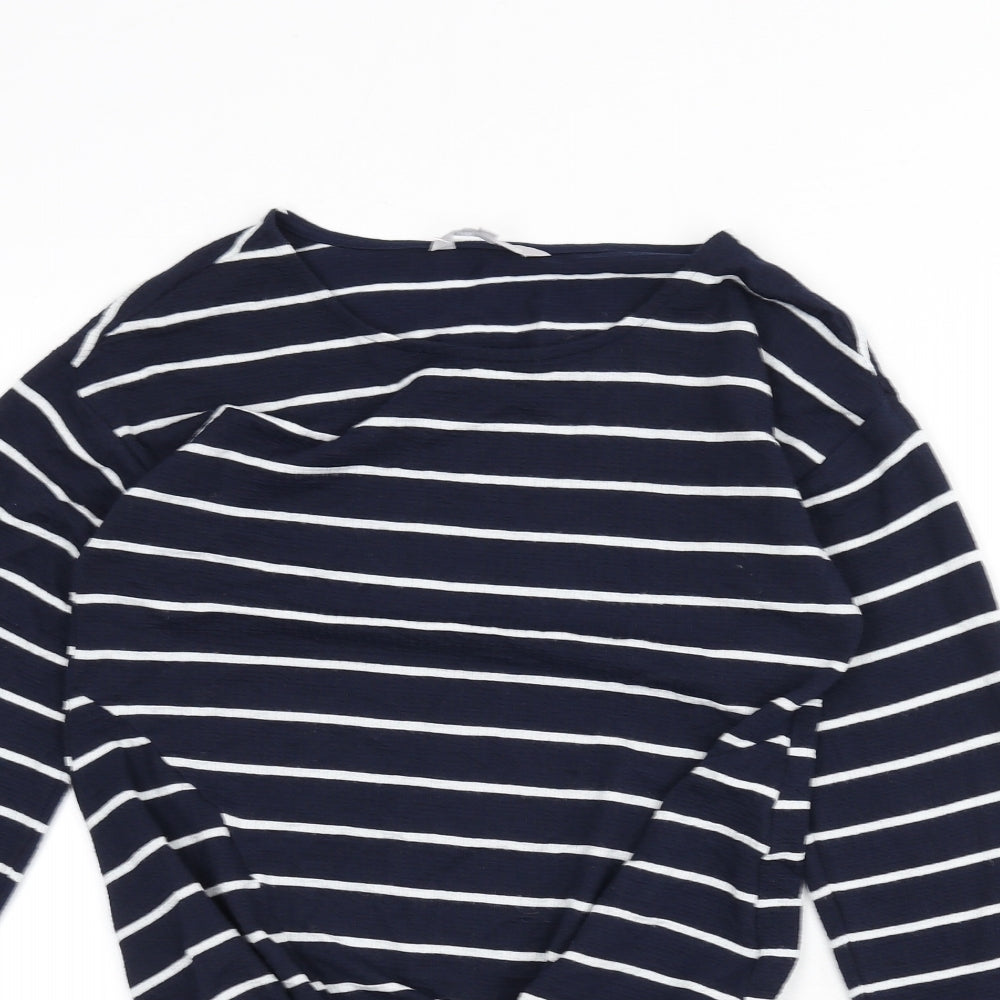 Red Herring Womens Blue Striped Polyester Basic T-Shirt Size 8 Round Neck - Tie Front