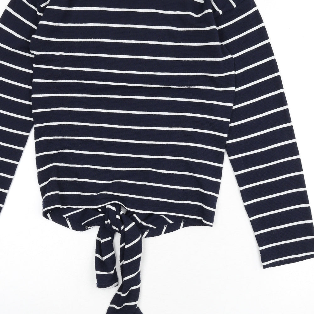 Red Herring Womens Blue Striped Polyester Basic T-Shirt Size 8 Round Neck - Tie Front