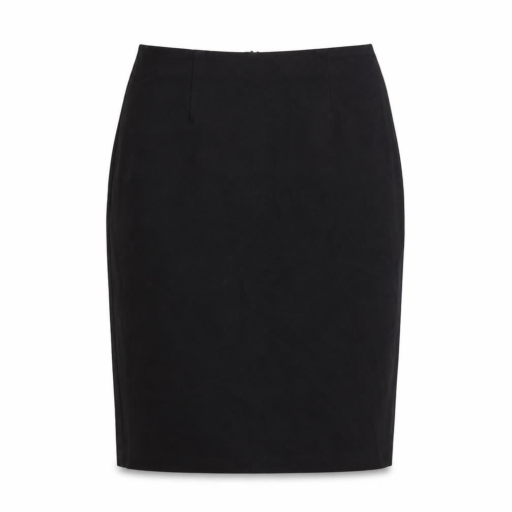 Front view of BHS women’s black polyester straight & pencil skirt, size UK 12, zip - slit