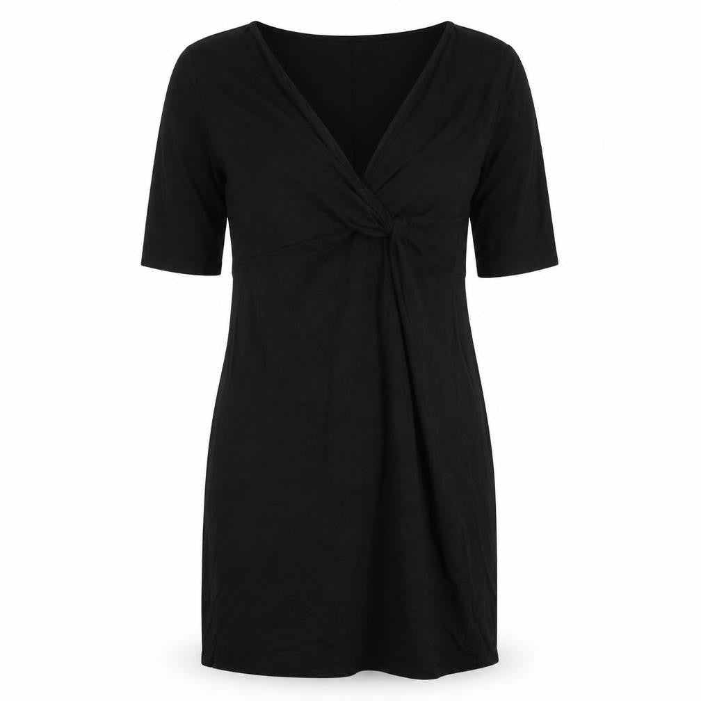 Front view of H&M women’s black viscose sheath, size M, v-neck pullover - knot front
