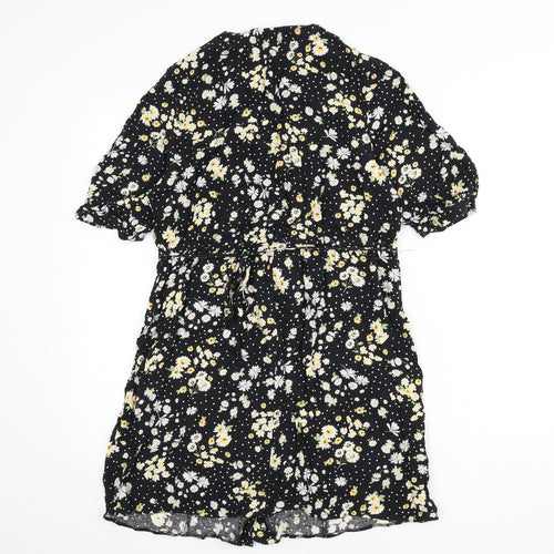 Miss Selfridge Womens Black Floral Viscose A-Line Size 12 V-Neck Button - Polka Dot