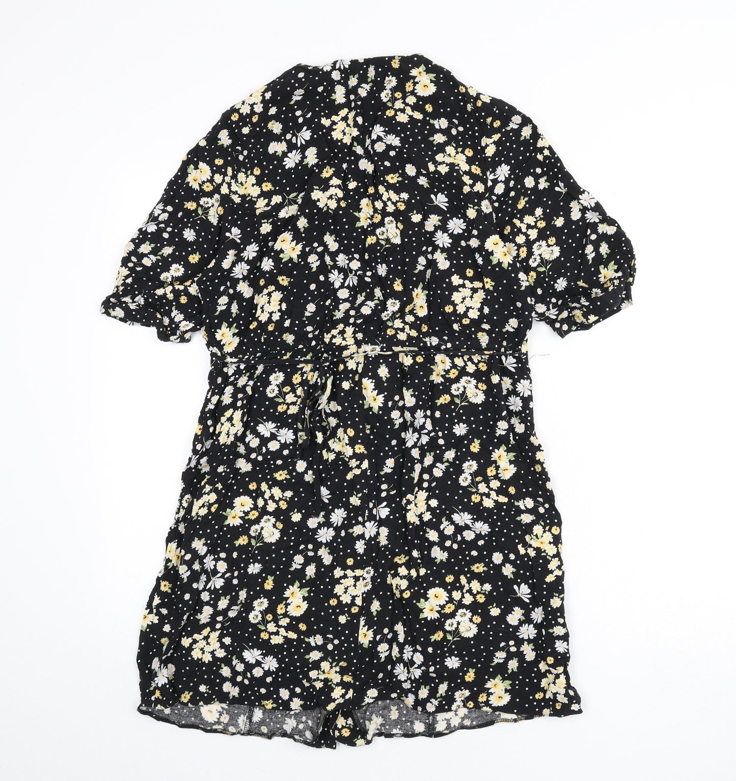 Miss Selfridge Womens Black Floral Viscose A-Line Size 12 V-Neck Button - Polka Dot