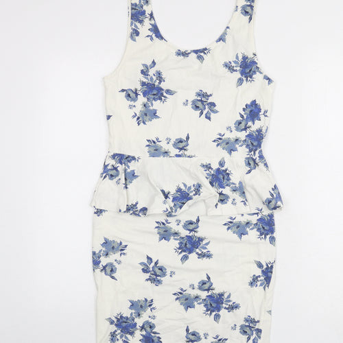 New Look Womens Ivory Floral Cotton Bodycon Size 12 Scoop Neck Pullover - Ruffle Detail