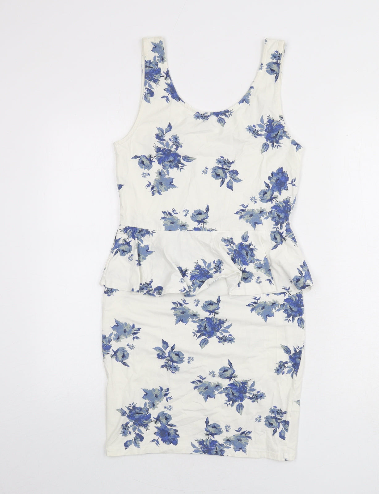New Look Womens Ivory Floral Cotton Bodycon Size 12 Scoop Neck Pullover - Ruffle Detail