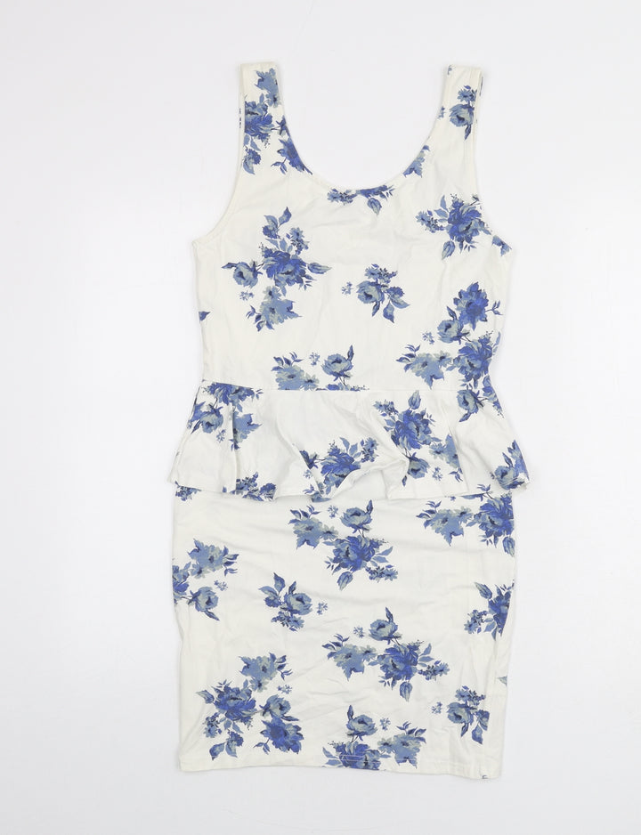 New Look Womens Ivory Floral Cotton Bodycon Size 12 Scoop Neck Pullover - Ruffle Detail