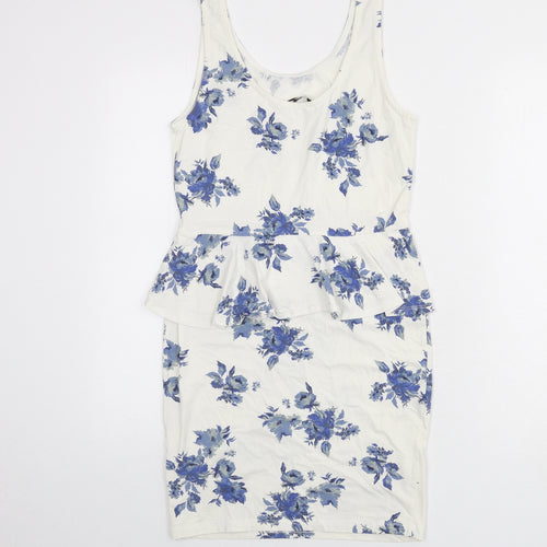 New Look Womens Ivory Floral Cotton Bodycon Size 12 Scoop Neck Pullover - Ruffle Detail