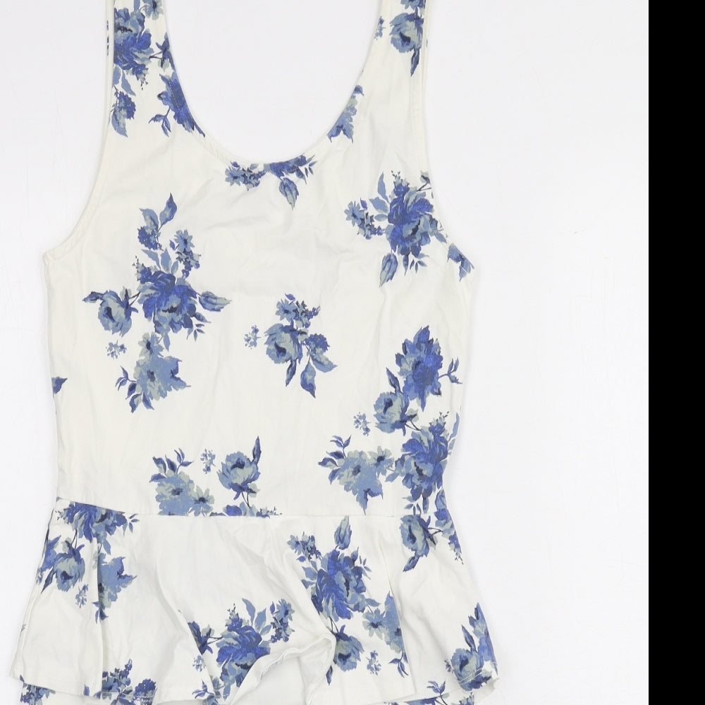 New Look Womens Ivory Floral Cotton Bodycon Size 12 Scoop Neck Pullover - Ruffle Detail