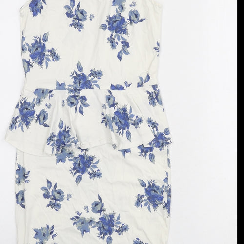 New Look Womens Ivory Floral Cotton Bodycon Size 12 Scoop Neck Pullover - Ruffle Detail