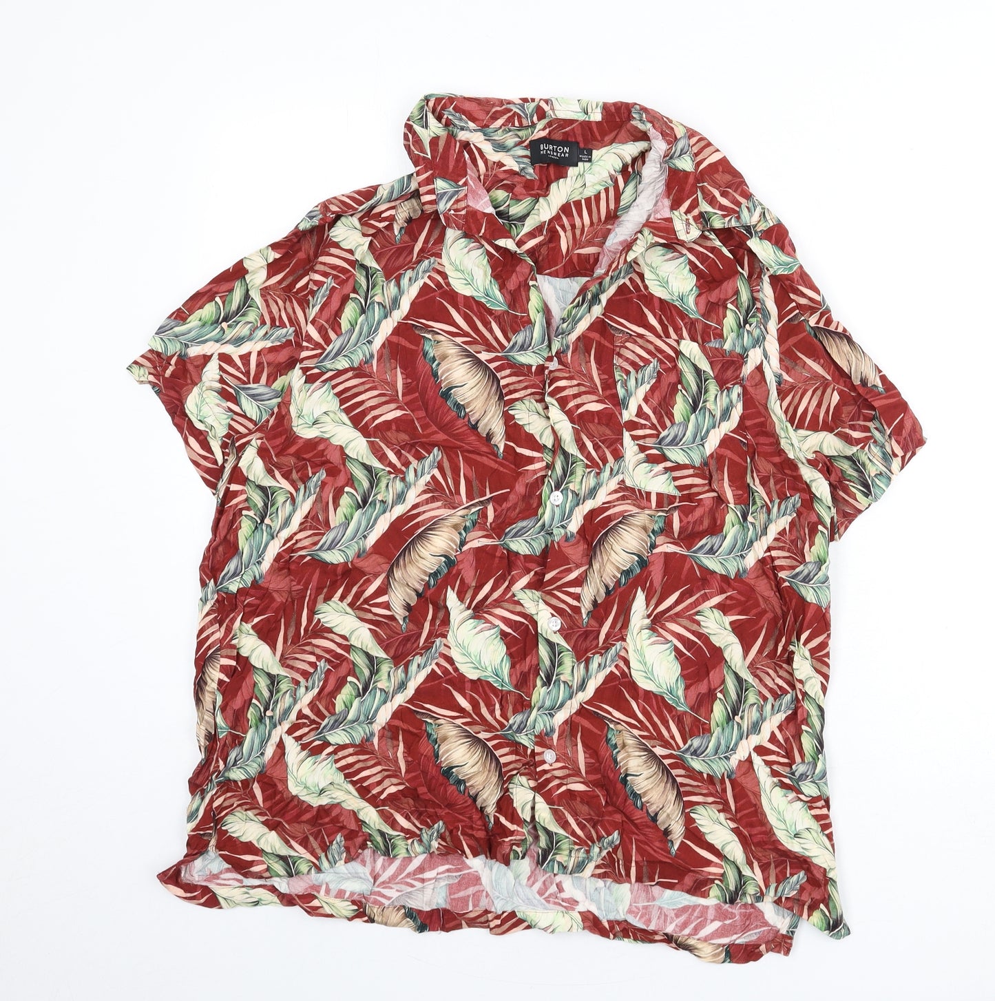Burton Mens Multicoloured Geometric Viscose Button-Up Size L Collared Button - Leaf Print