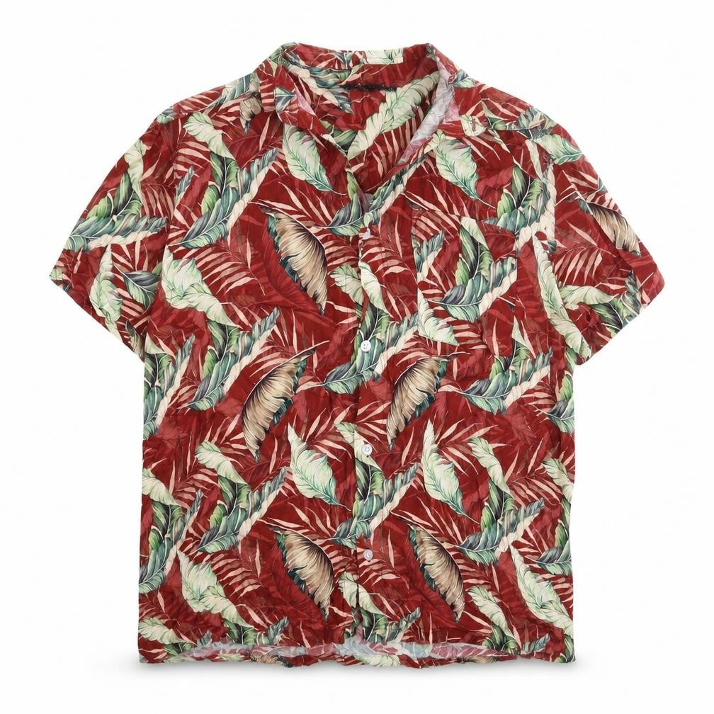Front view of Burton men’s multicoloured geometric viscose button-up, size L, collared button - leaf print