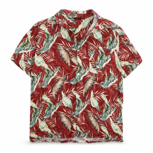 Front view of Burton men’s multicoloured geometric viscose button-up, size L, collared button - leaf print