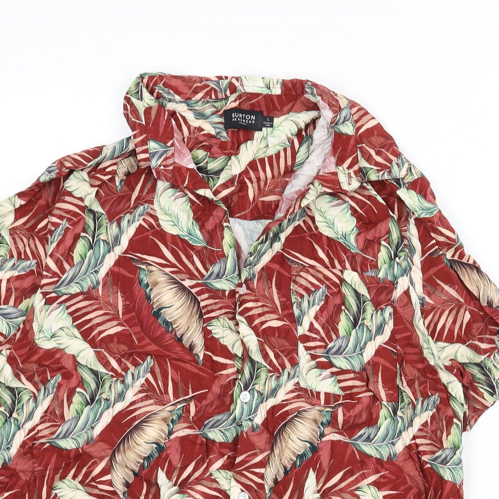 Burton Mens Multicoloured Geometric Viscose Button-Up Size L Collared Button - Leaf Print