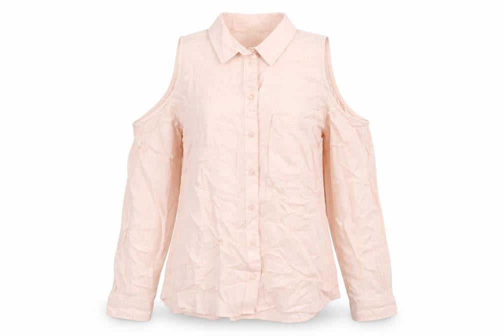Front view of Divided by H&M women’s pink viscose basic button-up, size UK 6, collared - shoulder cut outs