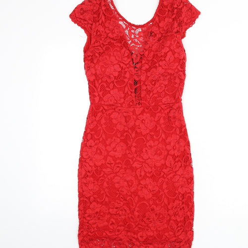 Cameo Rose Womens Red Floral Polyester Bodycon Size S Scoop Neck Zip - Lace Overlay
