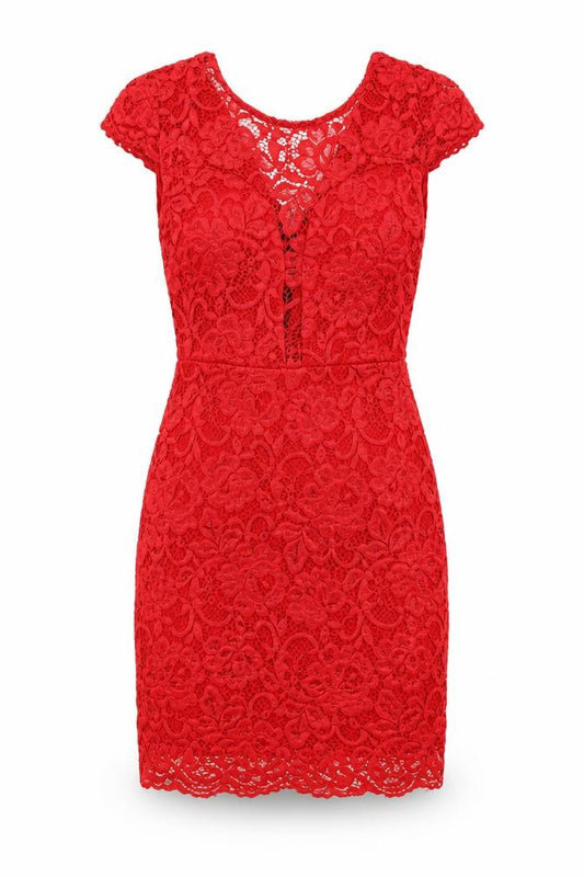 Front view of Cameo Rose women’s red floral polyester bodycon, size S, scoop neck zip - lace overlay