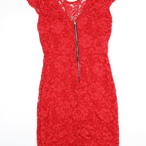 Cameo Rose Womens Red Floral Polyester Bodycon Size S Scoop Neck Zip - Lace Overlay