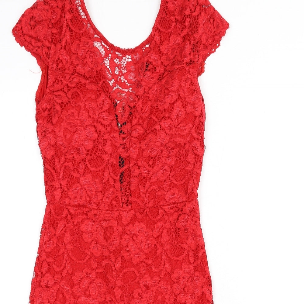 Cameo Rose Womens Red Floral Polyester Bodycon Size S Scoop Neck Zip - Lace Overlay