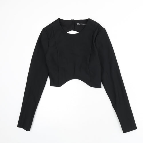 Zara Womens Black Polyester Basic T-Shirt Size M Round Neck - Tie Back, Back Cut Out