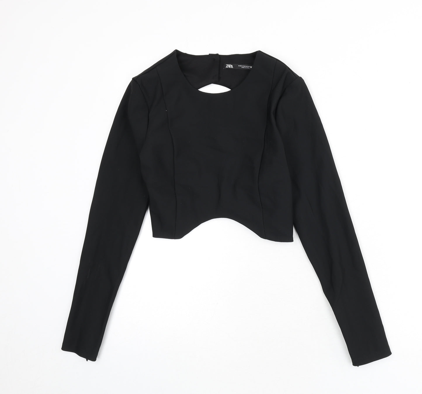 Zara Womens Black Polyester Basic T-Shirt Size M Round Neck - Tie Back, Back Cut Out