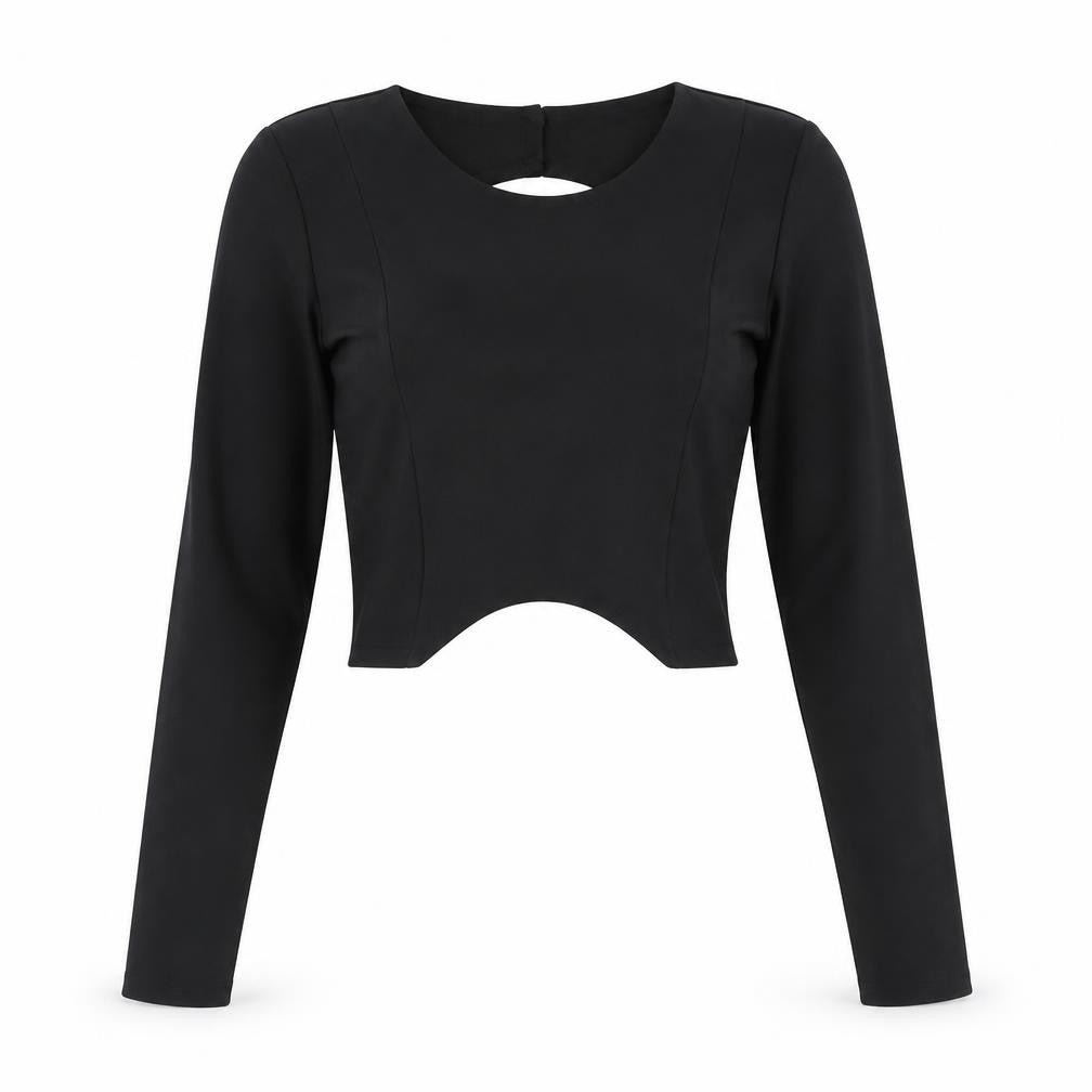 Front view of Zara women’s black polyester basic t-shirt, size M, round neck - tie back, back cut out