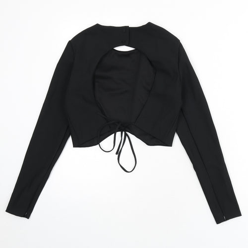 Zara Womens Black Polyester Basic T-Shirt Size M Round Neck - Tie Back, Back Cut Out