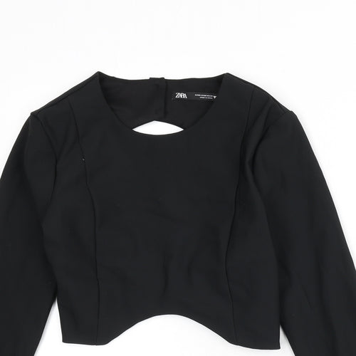 Zara Womens Black Polyester Basic T-Shirt Size M Round Neck - Tie Back, Back Cut Out