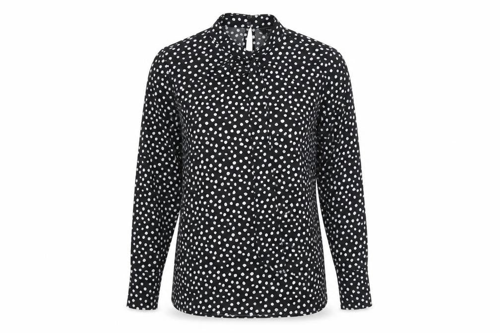 Front view of Next women’s black polka dot polyester basic blouse, size UK 10, mock neck