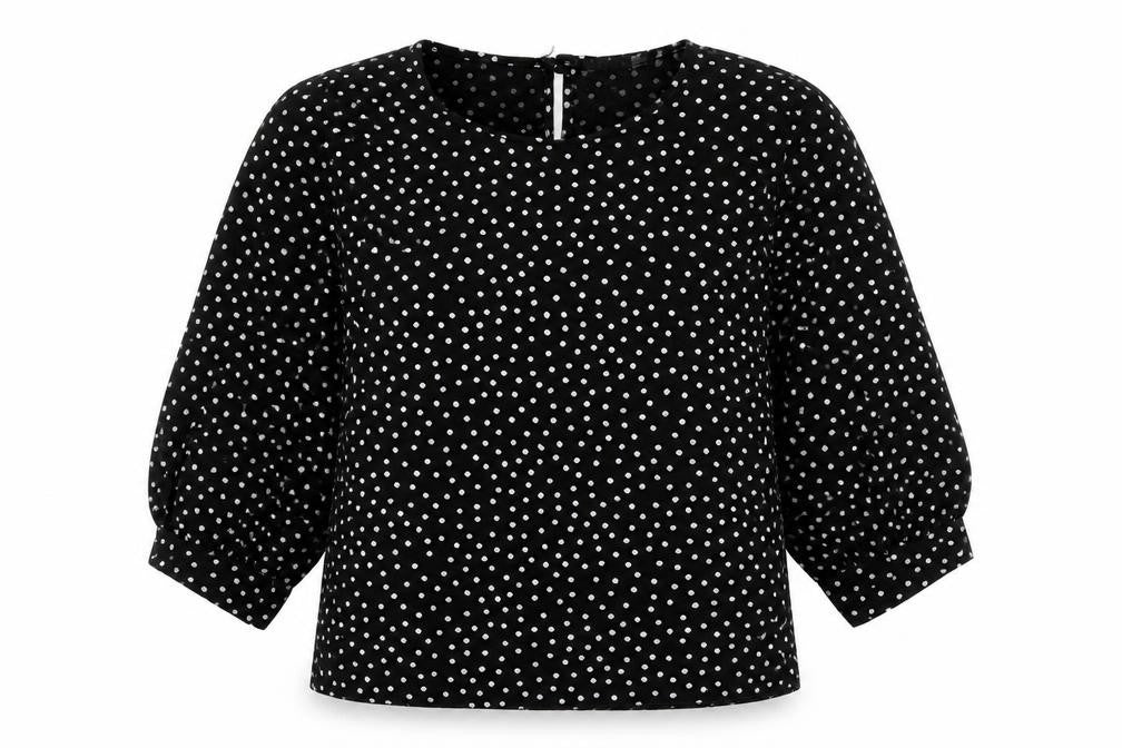 Front view of Boohoo women’s black polka dot polyester basic blouse, size UK 10, round neck