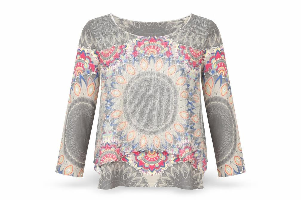 Front view of Apricot women’s multicoloured boat neck geometric polyester jumper, size M, - overlay