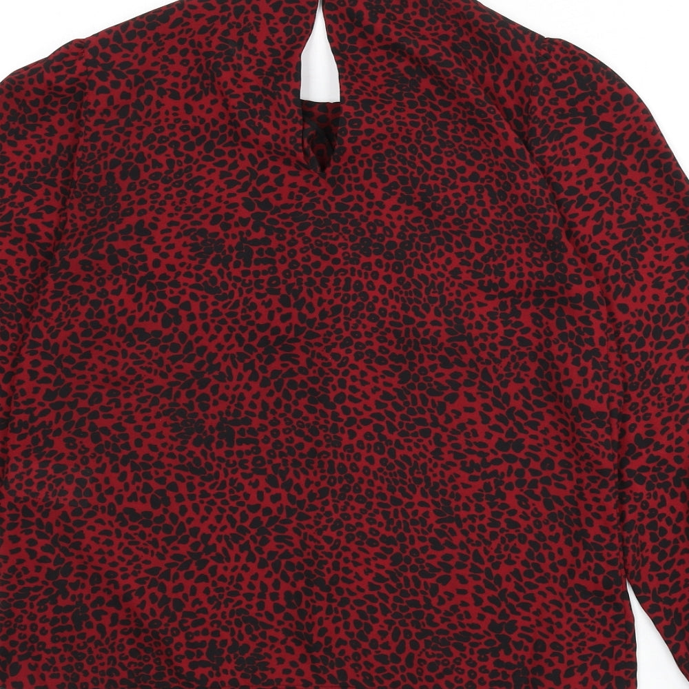 Warehouse Womens Red Animal Print Polyester Basic Blouse Size 8 Round Neck - Leopard Print