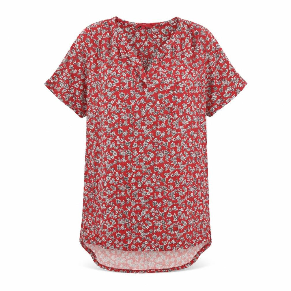 Front view of Next women’s red floral viscose sheath, size UK 18, v-neck pullover