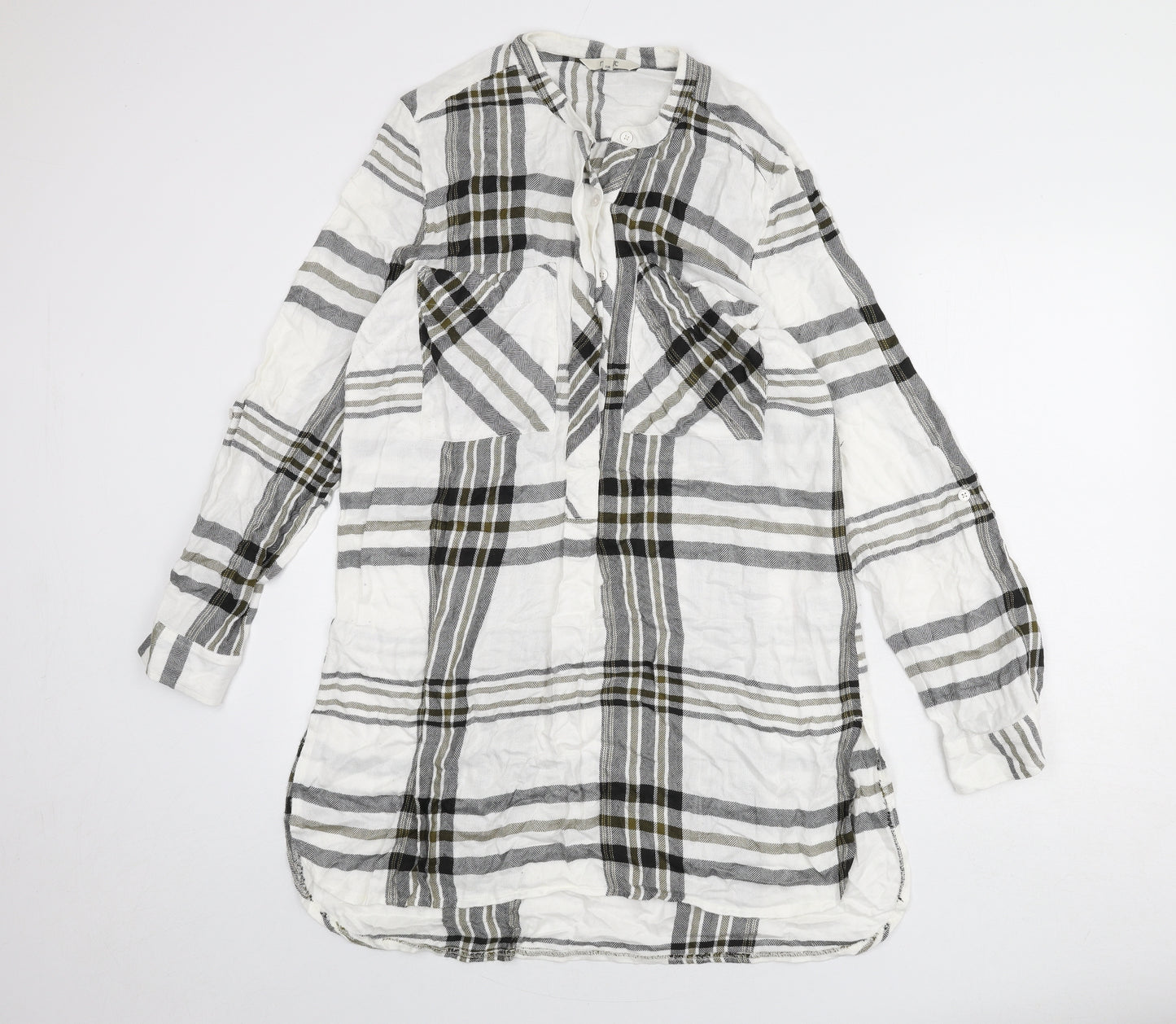 NEXT Womens White Plaid Viscose Shirt Dress Size 14 Round Neck Button