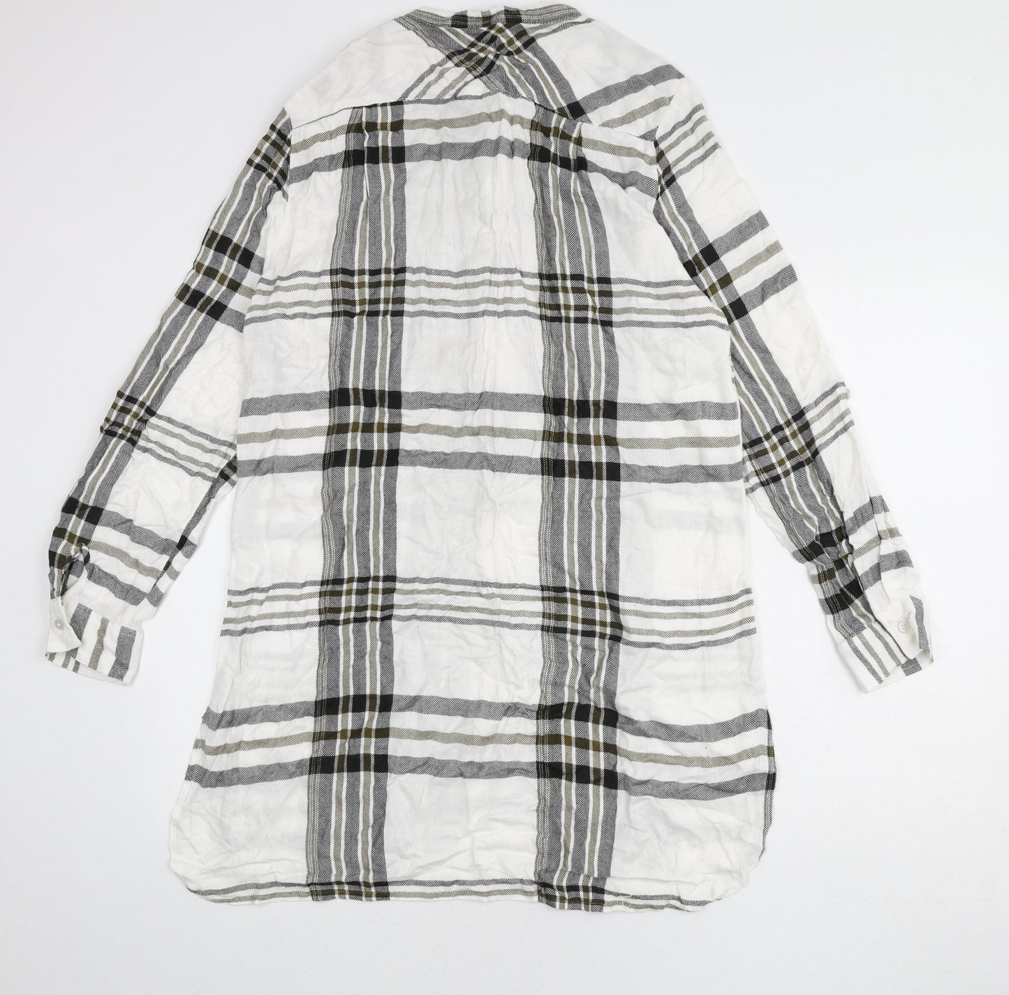 NEXT Womens White Plaid Viscose Shirt Dress Size 14 Round Neck Button