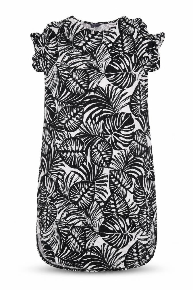 Front view of Marks & Spencer women’s black geometric viscose sheath, size UK 14, round neck pullover - leaf print