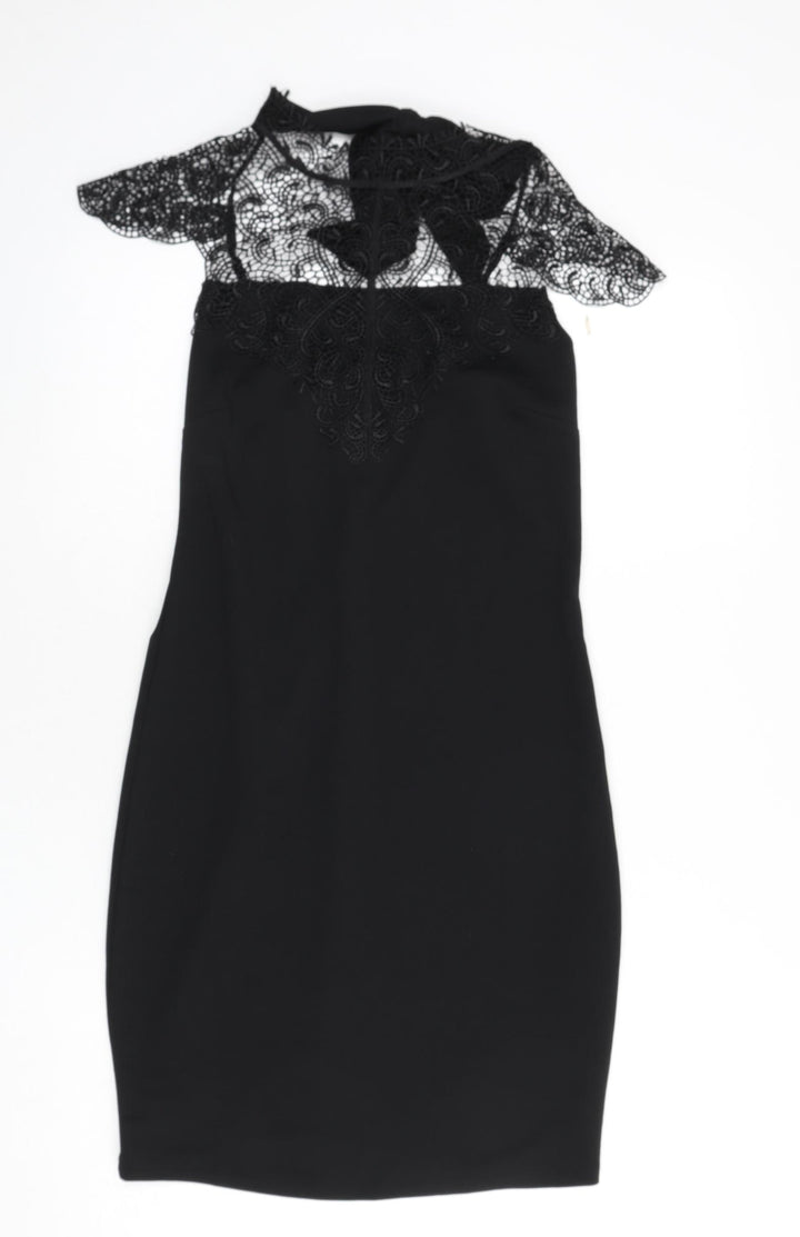Mohito Womens Black Polyester Bodycon Size 10 Mock Neck Tie - Lace Detail